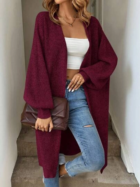 Easowa Women's Solid Color Lantern Sleeve Loose Long Knit Casual Cardigan In Fall/Winter,Christmas Sweater