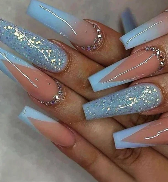 Blue Long Coffin Press On Nails Acrylic Designs French Tip White Edge Rhinestone Glitter Graphic Jelly Y2K Winter Daily False Nail Tips For