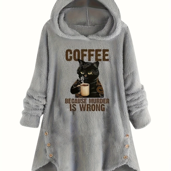 Plus Size Women's/Printed Teddy Fleece/Autumn Winter Casual/Hooded Pullover Cat Ear/Long Sleeve Hem Button Decoration/Sweatshirt Top