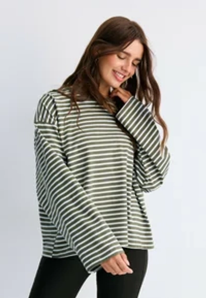 OVERSIZE STRIPED LONG SLEEVE T-SHIRT 07047550 - T-shirt à manches longues - khaki