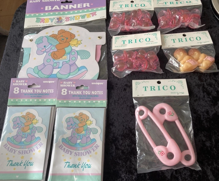 Vintage Favors Baby Shower Banner Pacifier Diaper Pins Craft Pink