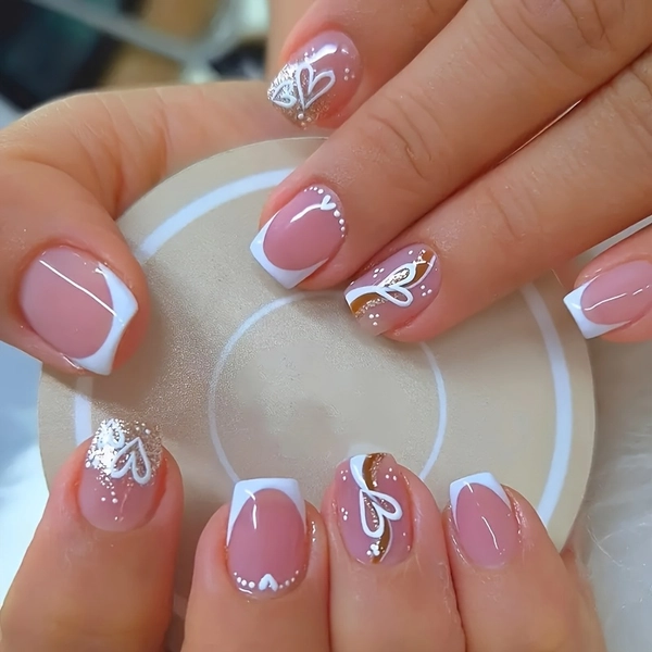 24pcs Square Short Press-on Artificial Nails with Heart-Shaped Glossy Design | Suitable for Parties, Dancing, and Daily Wear, Includes Nail File and Jelly Glue, Pink Color, Fair Tone