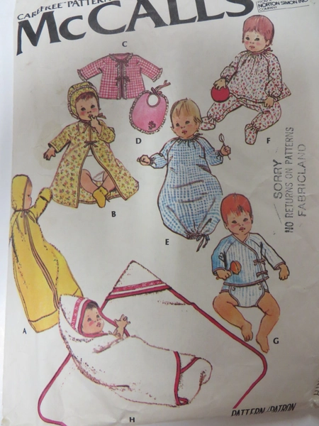 Vtg 70's McCall's 6477 BABY INFANT LAYETTE Sewing Sewing Pattern HOODIE TOWEL