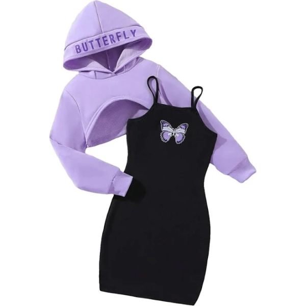 Girl's High Low Hem Long Sleeve Crop Hooded Sweatshirt and Graphic Print Cami Dress