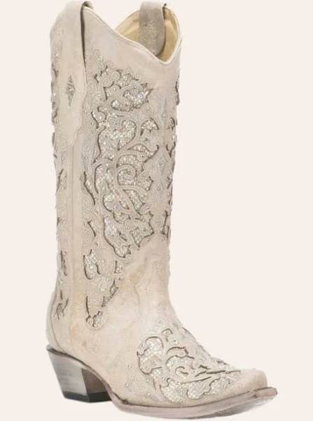 Corral Women's White Glitter Inlay and Crystals Boots