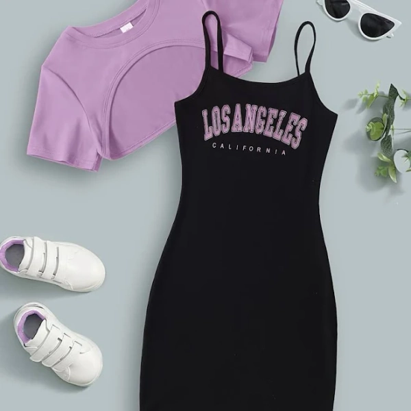 girls Teen Summer Solid Color Short Sleeve Backless Letter Cartoon T-Shirt Top + Black Strap