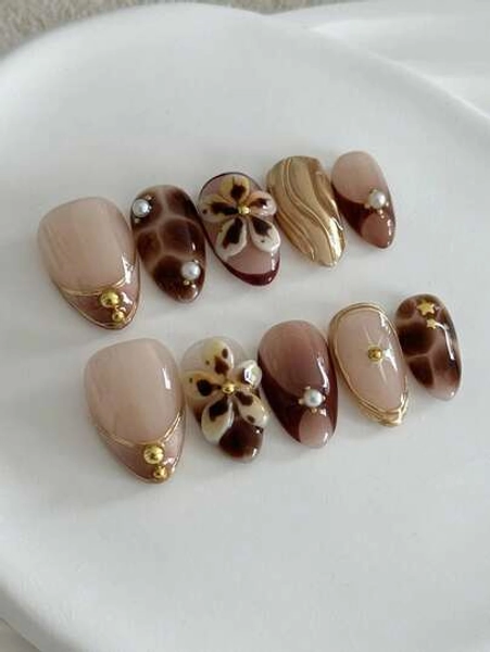 10 Pieces Of Retro, Elegant And Cute Hot Girl Autumn And Winter Atmosphere Caramel Brown Tortoiseshell 3D Carved Metal Texture Wavy Five-Pointed Star Round Beads Pearl Short Almond Wearing Armor Pieces