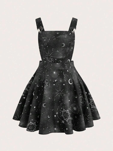 Sweetra Plus Size Dark Starry Sky Print Pinafore Dress