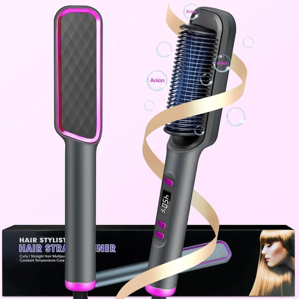 Hair Straightener Brush, 10s Fast Hair Straightener Comb Straightening Brush for Women, LCD Display, 5 Temps Flat Iron Brush, Anti-Scald (Includes Two Extra Clips And One Comb)