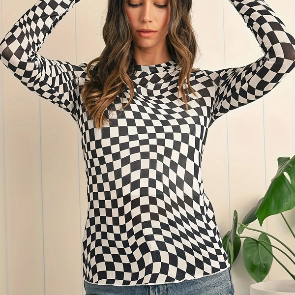 Women's Elegant Black & White Checkered Long Sleeve Top - Slim Fit Round Neck Semi-Sheer Shirt, Medium Stretch Machine Washable All-Season Versatile Blouse, Stylish Streetwear, Semitransparent Fabric