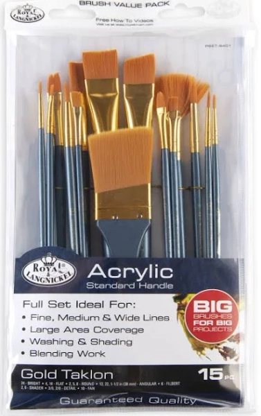 Royal & Langnickel 15pc Golden Taklon Assorted Big Brush Acrylic Artist Paintbrush Set