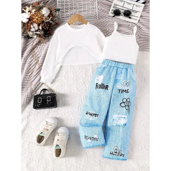 Young Girl's Fashion Long Sleeve Pullover, Camisole, and Pants Set