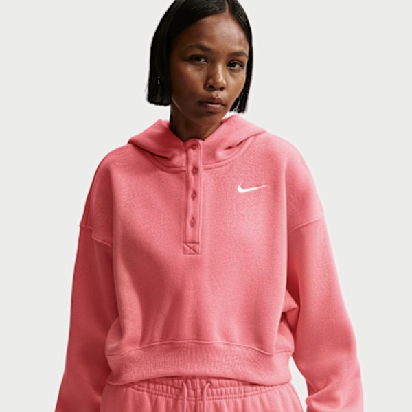 Nike Sportswear Phoenix Fleece Women's Oversized Cropped Henley Hoodie - Sea Coral/Sail - Size XS