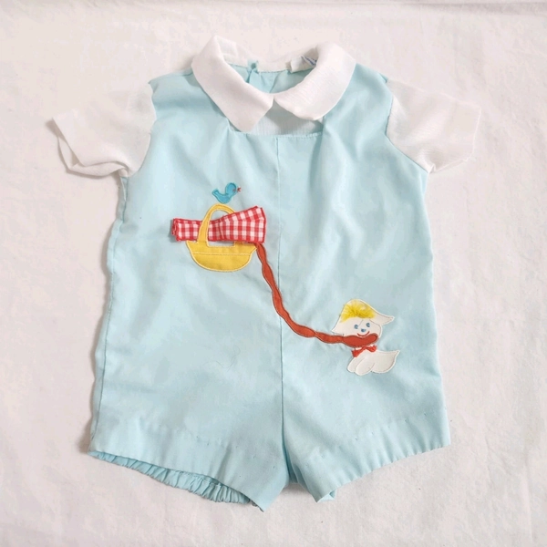 Vintage Nannette Baby Boy Puppy Dog Blue Bird Applique Shorts Romper NO SIZE TAG