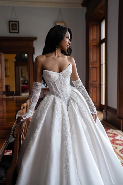 Beaded Mikado Ball Gown With Open Basque Waist | Kleinfeld Bridal
