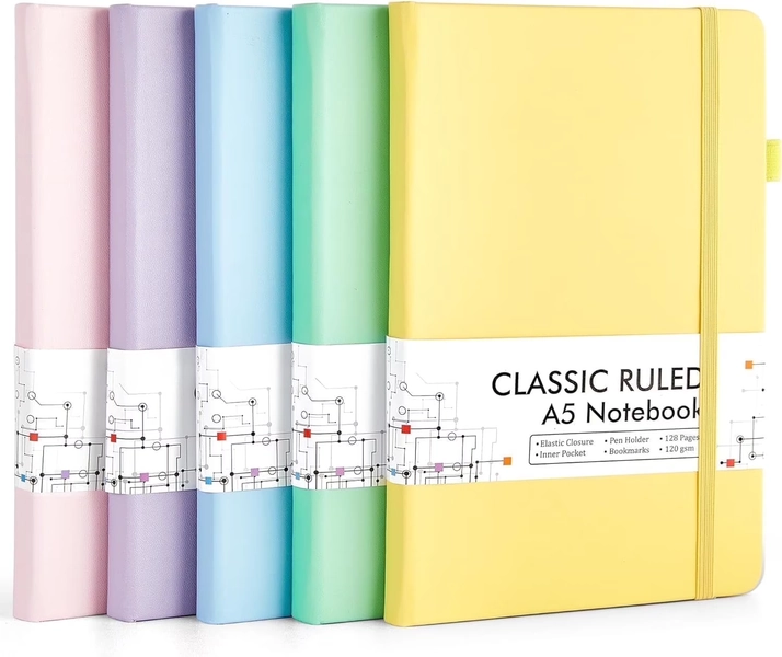 Feela 5 Pack Notebooks Journals Bulk, Hardcover Classic Ruled Lined Journals with Pen Holder for Business, with 5 Black Pens, 120 GSM, 5.1”x8.3”, A5, Pastel Colors