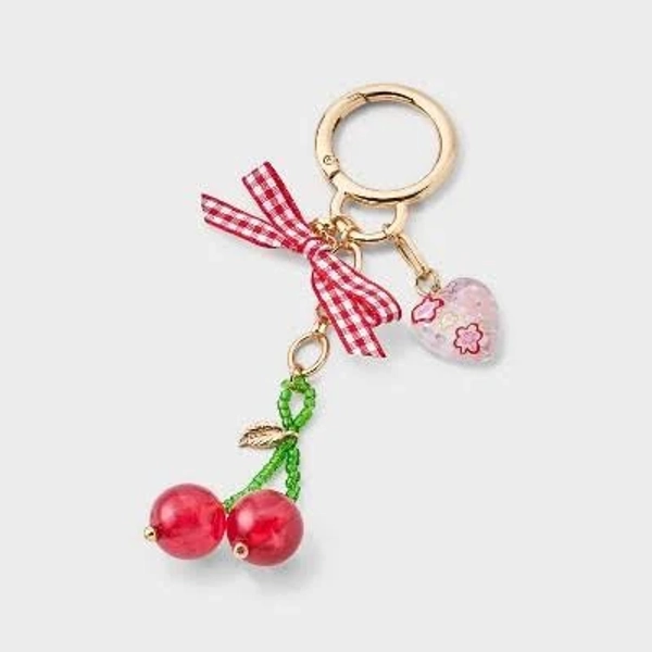 A New Day Gingham Bow and Cherry Bag Charm