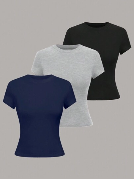 Lymera Lymera Women's Round Neck Short Sleeve Solid Color Black Grey Casual Simple Fitted Blouse Tops Fall Autumn And Winter Halloween Work Office Occasion For Women Going Out Party Christmas Thanksgiving New Year Occasion