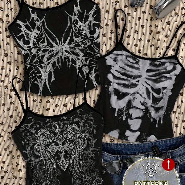 3pcs Women's Gothic Y2K Rock Band Style Sleeveless Top Set • Black & White Skull, Bat Wing & Cross Print Cropped Tops • Spaghetti Strap Design, Machine Washable • All-Season Layering Outfits for Concerts, Festivals & Casual Attire • Geometric Pattern & Gothic Aesthetic • Y2K Fashion Statement with Intricate Wing, Cross & Skull Patterns • Comfortable & Versatile for Streetwear & Parties