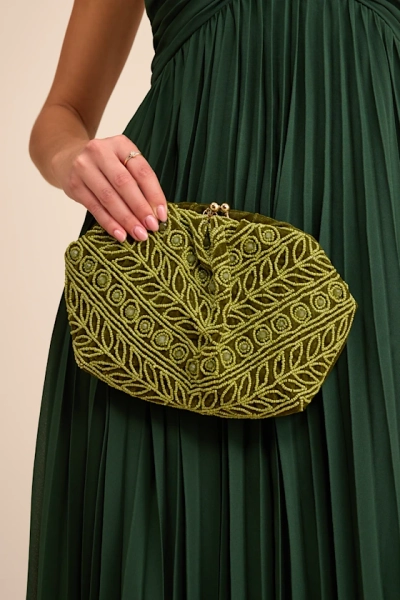 Faelynn Green Velvet Beaded Clutch