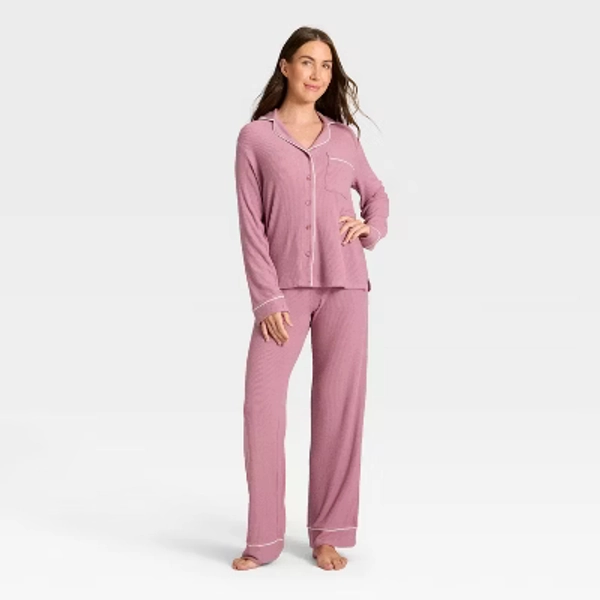 Women's Cozy Ribbed Notch Collar Long Sleeve Shirt and Pants Pajama Set - Auden™ Pink XL