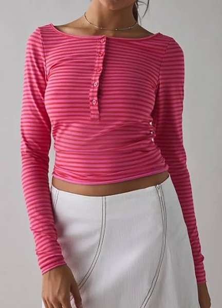 Out From Under Betty Boatneck Long Sleeve Henley Top in Pink/red Cotton, Women's L at Urban Outfitters