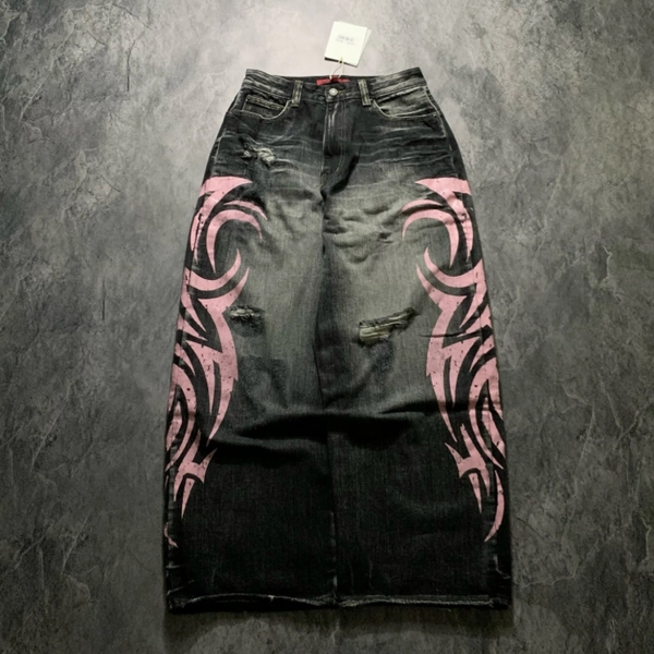 Y2K Women'S Loose-Fitting Jeans with a Retro Harajuku Style, Featuring Distressed And Ripped Details, Wide Leg Cropped Design, Perfect for High Street Rock And Hip Hop Fashion
