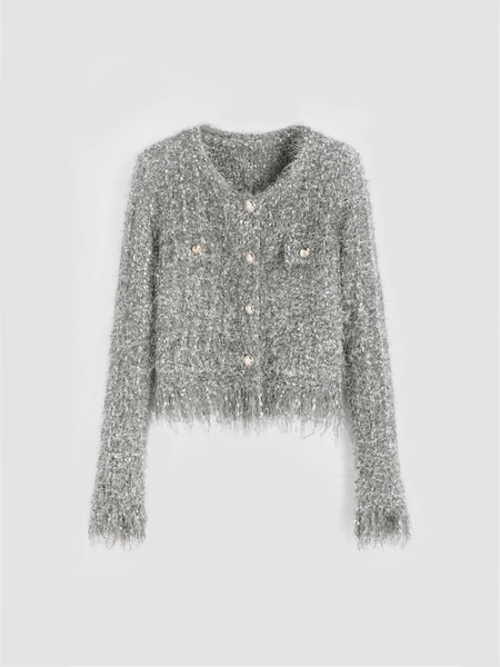 Cardigan en maille longues manches métallique boutonné col rond bourru