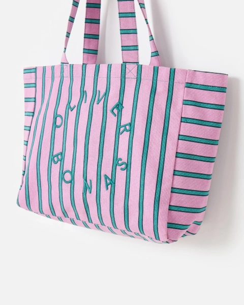 Pink & Green Striped Logo Fabric Tote Shopper Bag