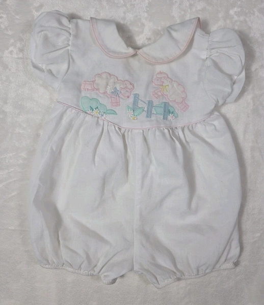Vintage 1980s Playskool Dress Ups Baby Girl Bubble Romper 3M Lamb Embroidered