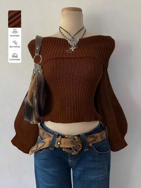 Autumn And Winter Women's Solid Color Cute Y2K Off-Shoulder Folding Long Sleeve Casual Sweater Women Back To School Homecoming Fall Outfits Clothes Brown