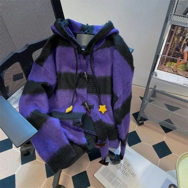 Retro Vintage Purple Black Striped Hooded Sweater Autumn Winter New Bull Horn Buckle Cardigan Y2k Long Sleeve Loose Tops Mujer - AliExpress 200000345