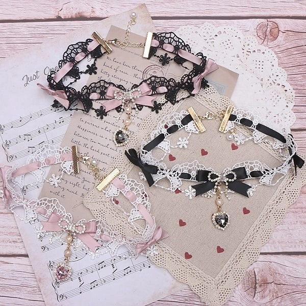 [$12.99]Jirai Kei 12 Color Options Lace Bowknot Heart Rhinestone Choker