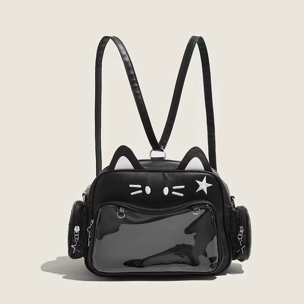 Kawaii Cat Ear Ita Bag, Multifunctional Convertible Backpack Crossbody Shoulder Tote Bag with Clear Pocket for Anime Pin Display, Casual Daily Use School Travel Anime Convention
