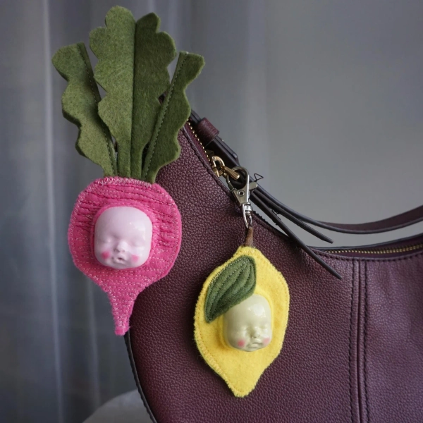 Handmade Fruit and Veggie Felt Oddity Bag Charm | Weird Radish, Strawberry, Lemon Keychains