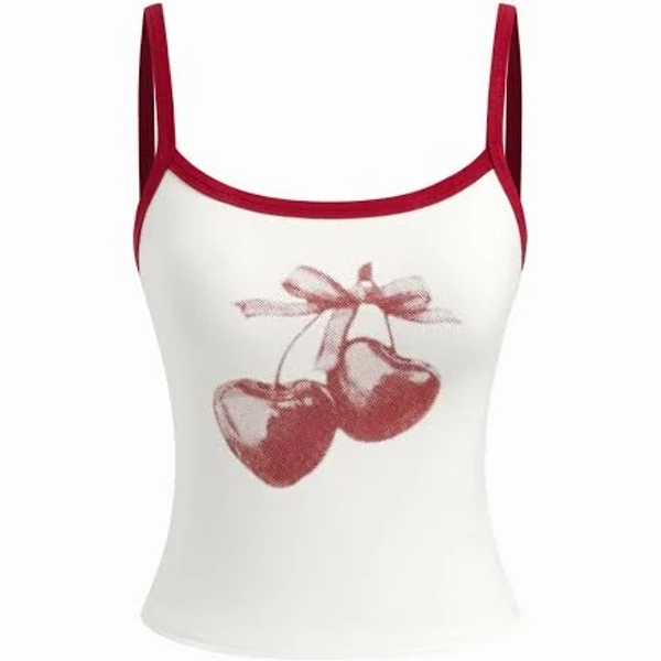 CIDER Women's Knit Fabric Cherry Graphic Contrasting Binding Cami Top for Daily Casual