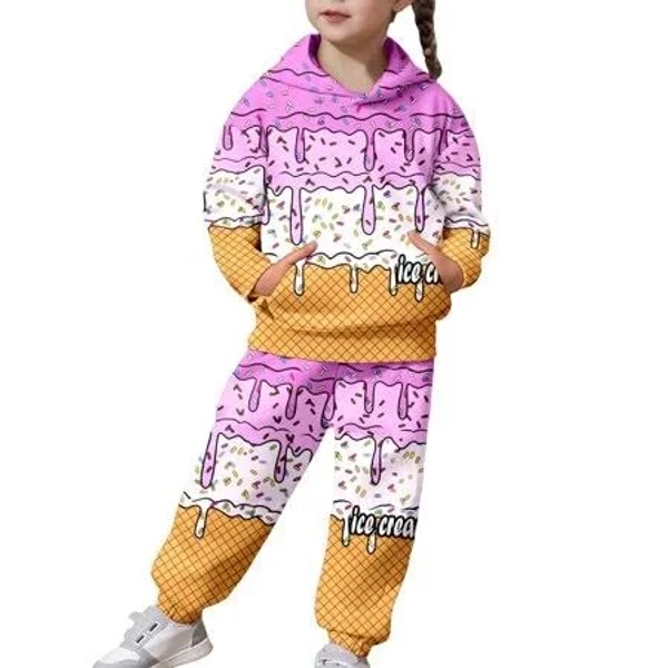 Ulitacool Outfits For Girls Print Hooded Long Sleeve Top And Pants Two Piece Outfit Relax Fit Clothes Light Pink 8-9 Years, Girl's, Black