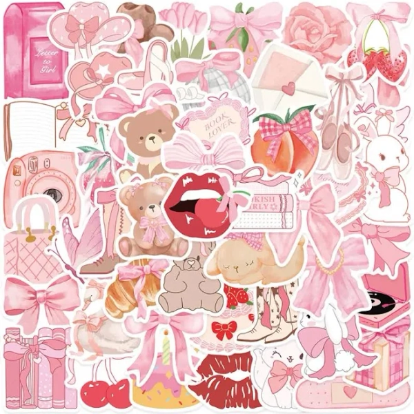 50Pcs Cute Pink Aesthetic Bear Stickers Coquette Girly Stickers Pink Bow Stickers Laptop