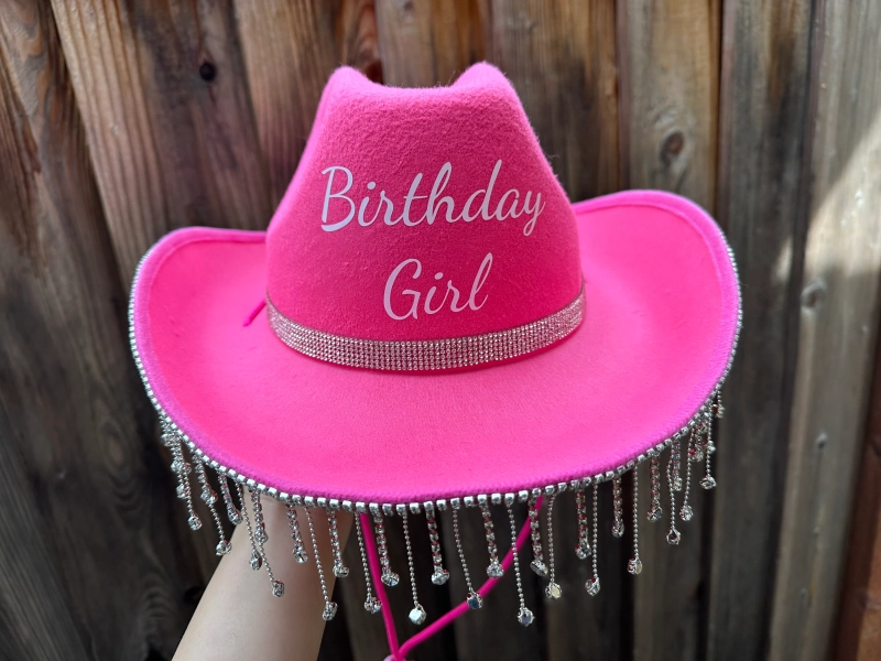 Hot Pink Birthday Girl Cowboy Hat Cowgirl Hat with Rhinestone Fringe,,Western wedding, bachelorette party,21ST Birthday Party Gift ,Concert