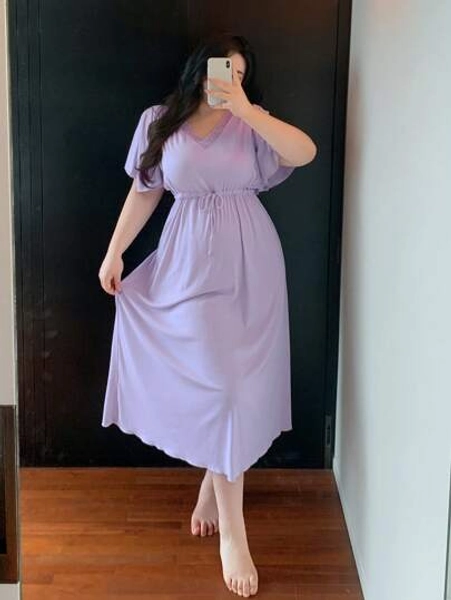 Dazy Plus Plus Size Solid Color Contrast Lace V-Neck Tie-Waist Loose Long Short Sleeve Purple Nightgown Pajama
