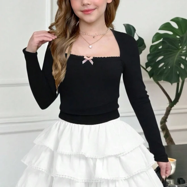 SHEIN Tween Girl Knit Ruffle Bow Trim Fitted Tee