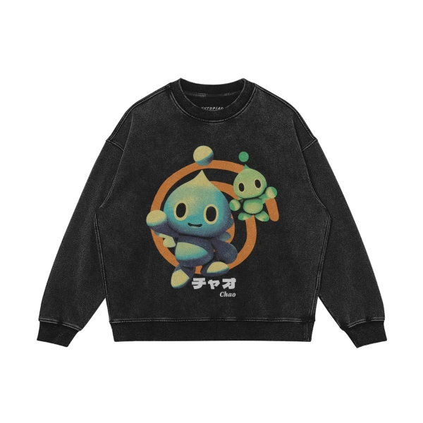Sweatshirt Sonic Adventure : Sweatshirt ras du cou surdimensionné délavé à épaules tombantes Chao