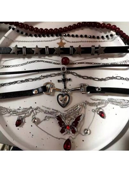 Gothic Y2K Red Butterfly Star Heart Cross Pendant Ghost Claw Choker Charms Necklaces Women Aesthetic Accessories Grunge Jewelry