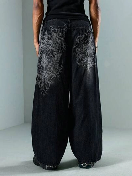 ROMWE MEN Street Life Men's KPOP Graphic Cross Print Pocket Loose Fit Jeans