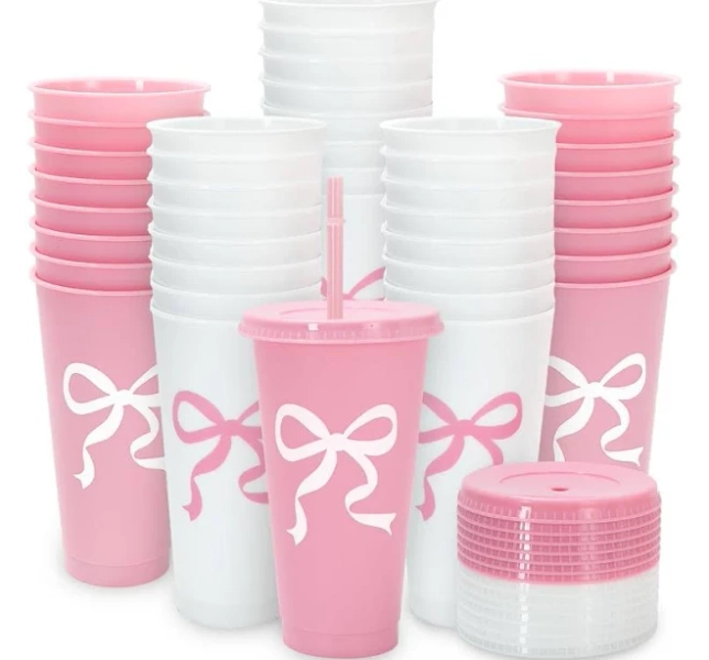16pcs Bow Plastic Cups Pink White Bowknot Plastic Tumbler Cute