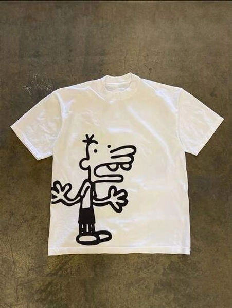 Men's Cotton 180g White Printed T-Shirt - Short Sleeve Cartoon Character Drawing Style Soft & Light Beige-Friendly, Machine Washable - Size 5XL