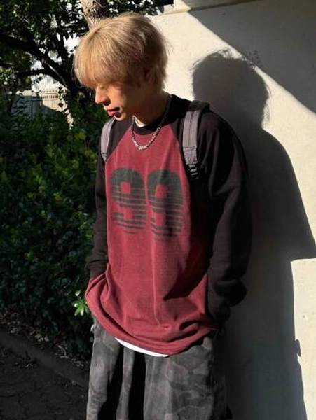 DAZY Men's Black & Red Patchwork Numeric Street Style Graphic T-Shirt, Autumn, For Fall