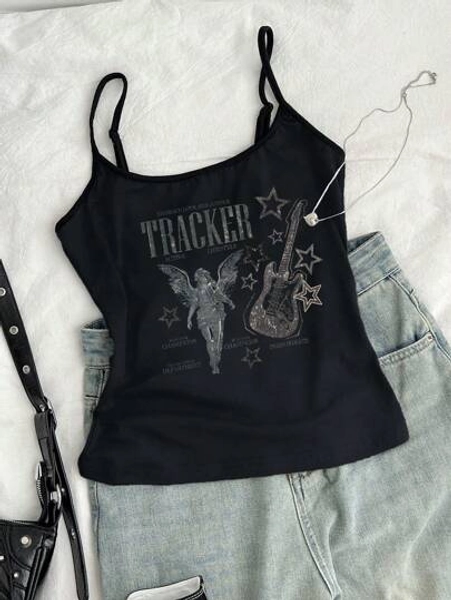 SHEIN Gothic Style TRACKER Electric Guitar Wings Print Teen Girls Casual Minimalist Camisole Tank Top, Summer