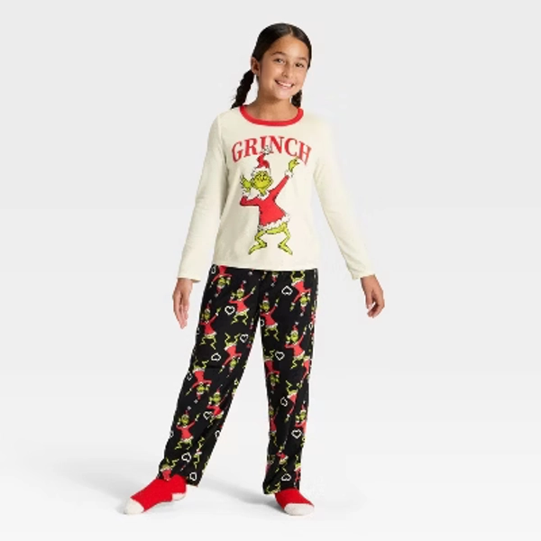 Girls' 2pc The Grinch Christmas Cozy Pajama Set with Socks - Black XS