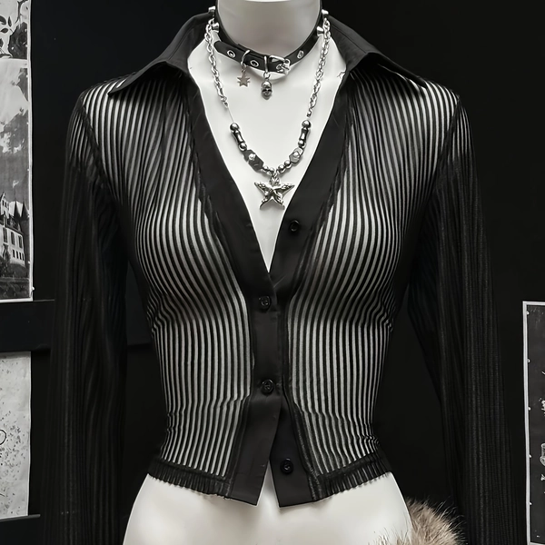 Elegant Long Sleeve Shirt with Stripe Patchwork | Contrast Lace Details, Lapel Collar, Solid Color